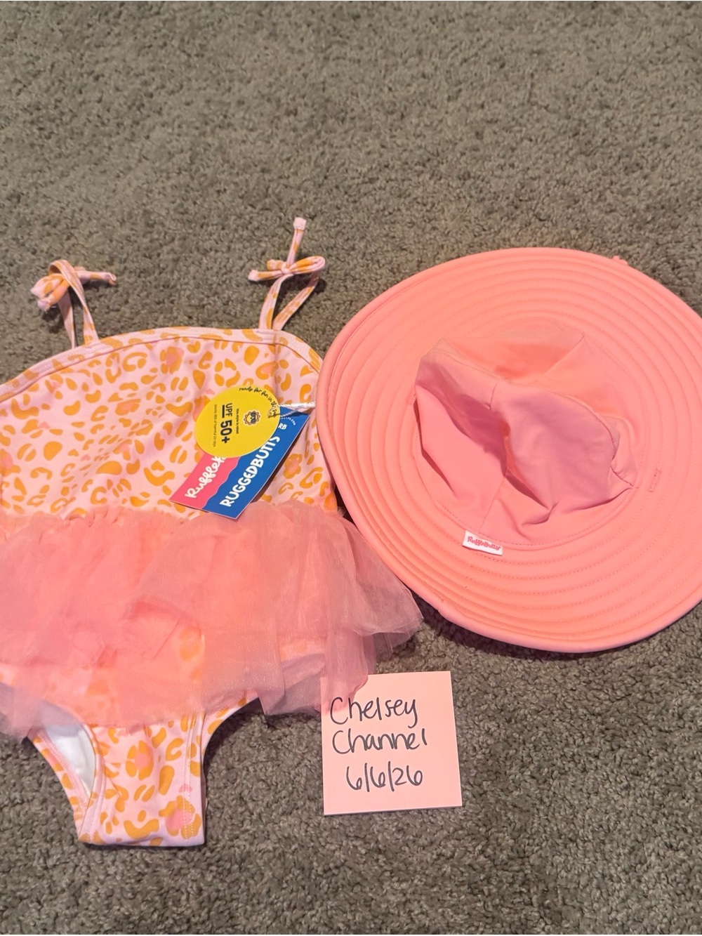 Rufflebutts NWT Tutu Leopard Print Girls One-Piece Swimsuit & Pink Sun Hat